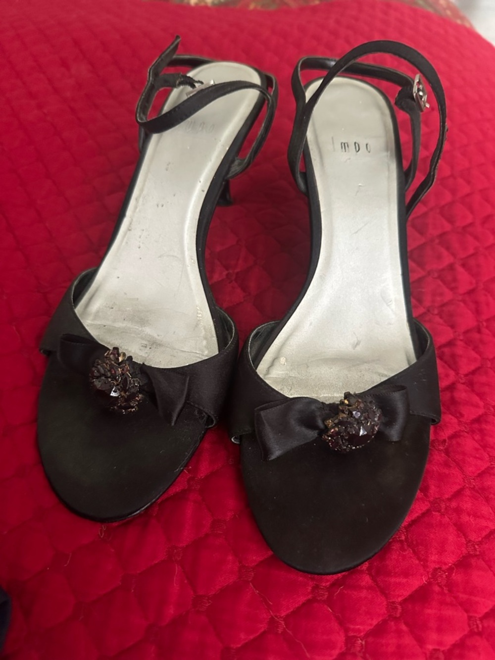 Vintage Black Satin Bow Slingback Heels with Jewel Accent